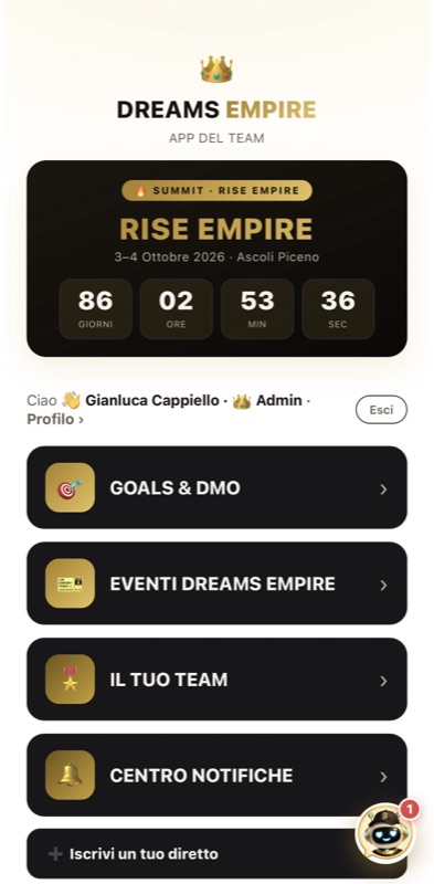 App del Team Dreams Empire — la home
